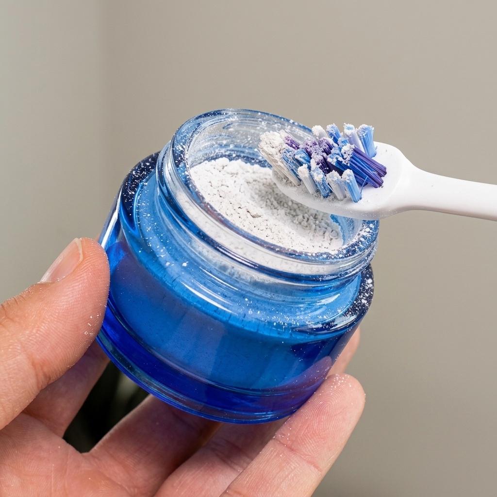 Dipping brush in whitening powder jar